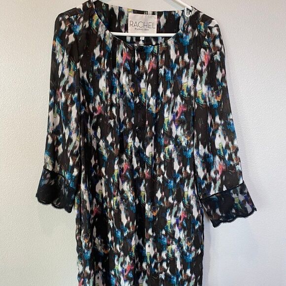 Rachel Roy Women's Black Colorful Watercolor Above Knee Shirt Dress, Size Large - Picture 1 of 7